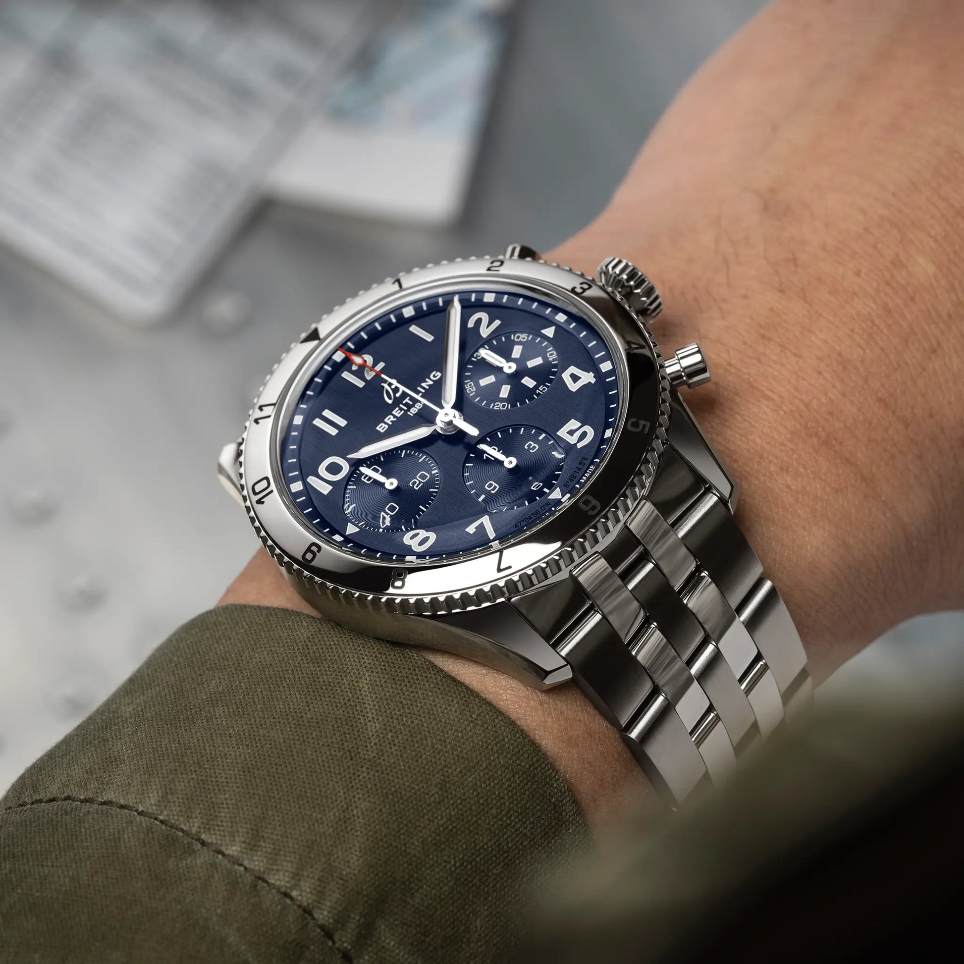 Breitling Classic AVI Chronograph 42 Tribute to Vought F4U Corsair reference A233801A1C1A1 with Blue dial, Stainless steel case, bracelet, on-wrist view