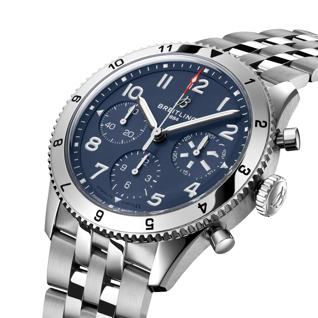 Breitling Classic AVI Chronograph 42 Tribute to Vought F4U Corsair reference A233801A1C1A1 with Blue dial, Stainless steel case, bracelet, three-quarter view