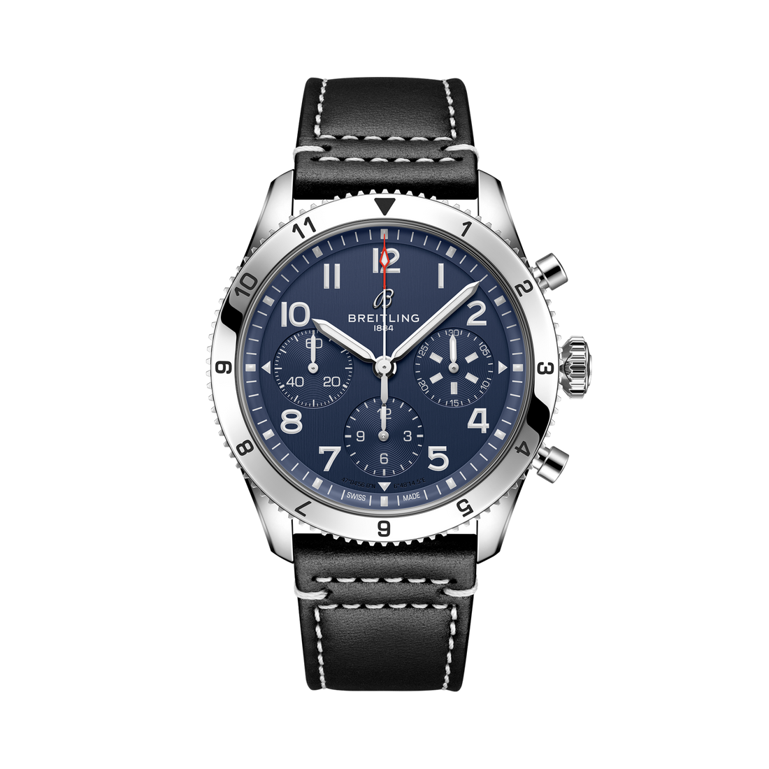 Breitling Classic AVI Chronograph 42 Tribute to Vought F4U Corsair reference A233801A1C1X1 with Blue dial, Stainless steel case, calfskin strap, front view