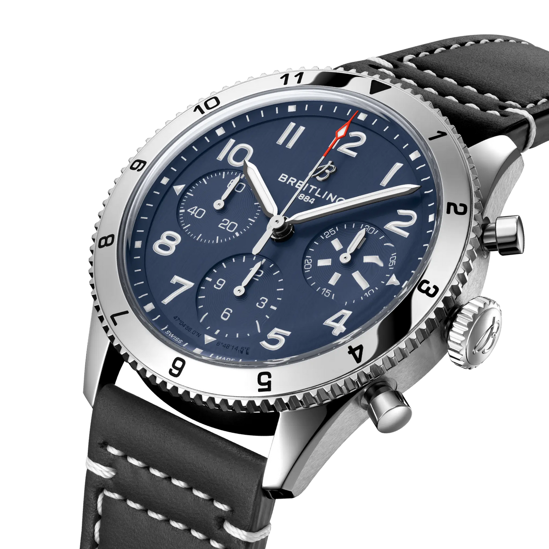Breitling Classic AVI Chronograph 42 Tribute to Vought F4U Corsair reference A233801A1C1X1 with Blue dial, Stainless steel case, calfskin strap, three-quarter view