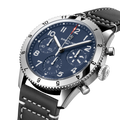 Breitling Classic AVI Chronograph 42 Tribute to Vought F4U Corsair reference A233801A1C1X1 with Blue dial, Stainless steel case, calfskin strap, three-quarter view