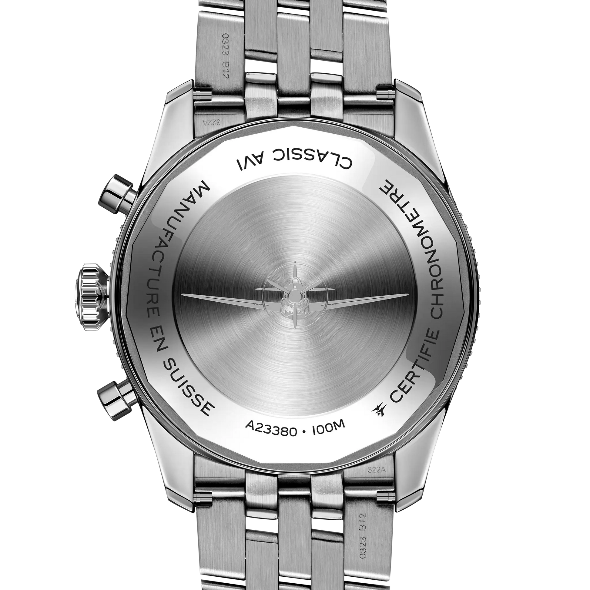 Caseback view of Breitling Classic AVI Chronograph 42 Curtiss Warhawk reference A233802A1L1A1