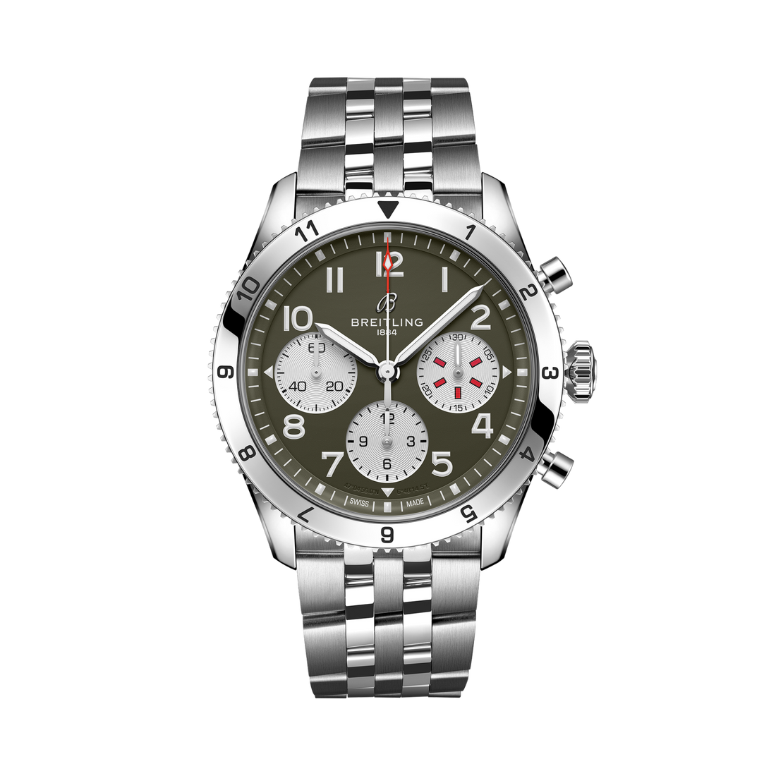 Breitling Classic AVI Chronograph 42 Curtiss Warhawk reference A233802A1L1A1 with Green dial, Stainless steel case, bracelet, front view