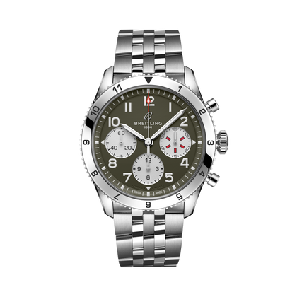 Breitling Classic AVI Chronograph 42 Curtiss Warhawk reference A233802A1L1A1 with Green dial, Stainless steel case, bracelet, front view