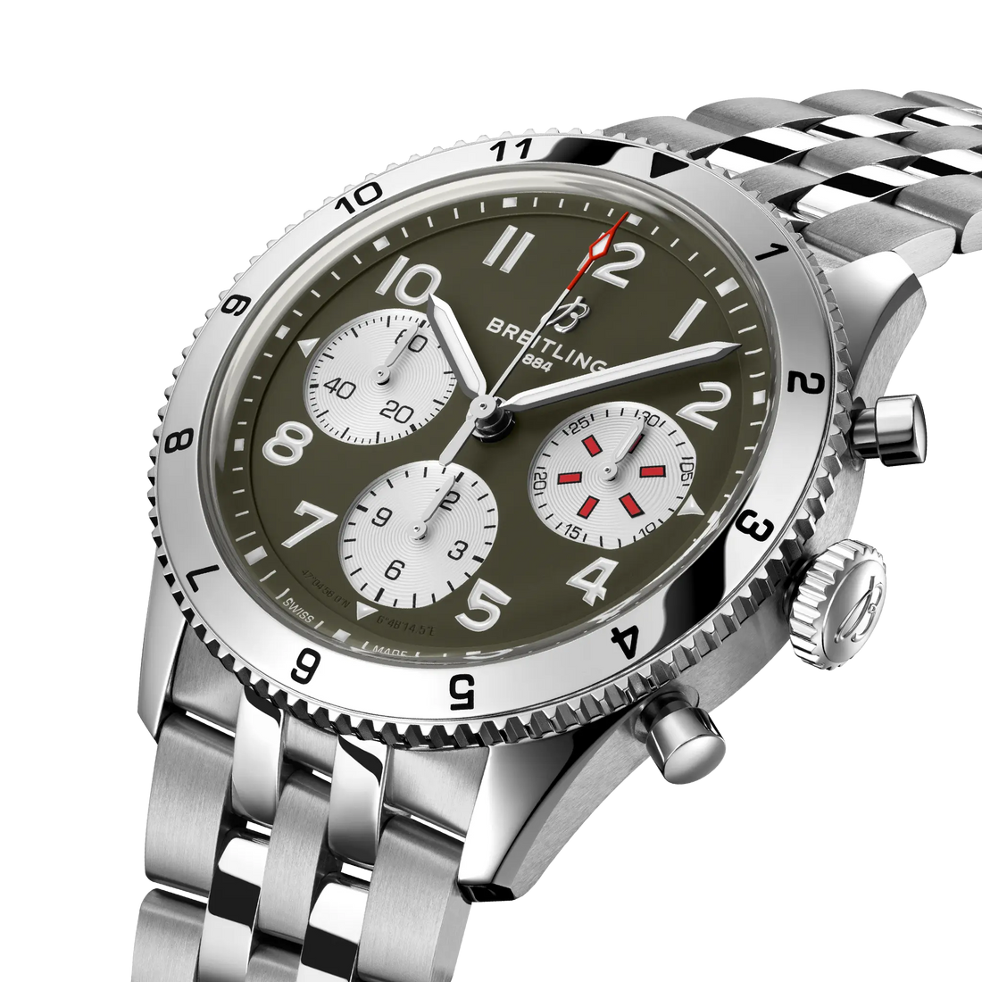 Breitling Classic AVI Chronograph 42 Curtiss Warhawk reference A233802A1L1A1 with Green dial, Stainless steel case, bracelet, three-quarter view