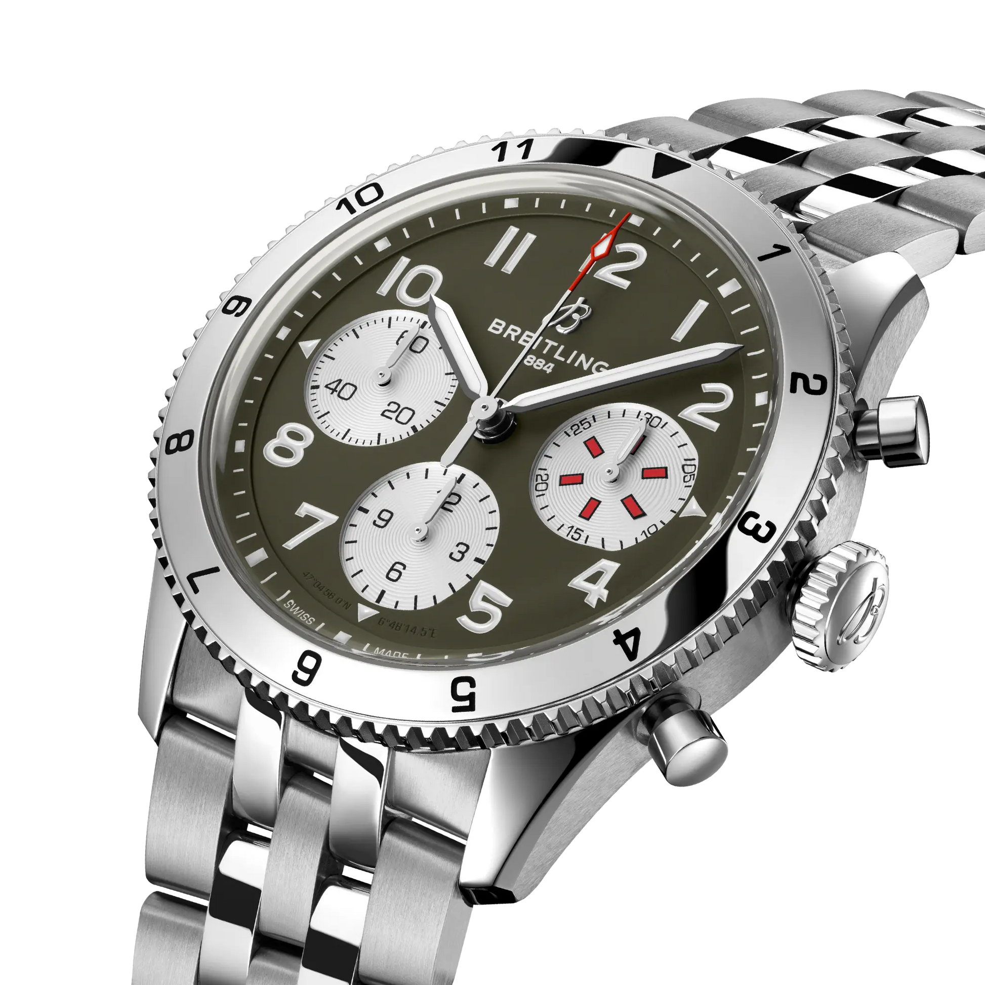 Breitling Classic AVI Chronograph 42 Curtiss Warhawk reference A233802A1L1A1 with Green dial, Stainless steel case, bracelet, three-quarter view