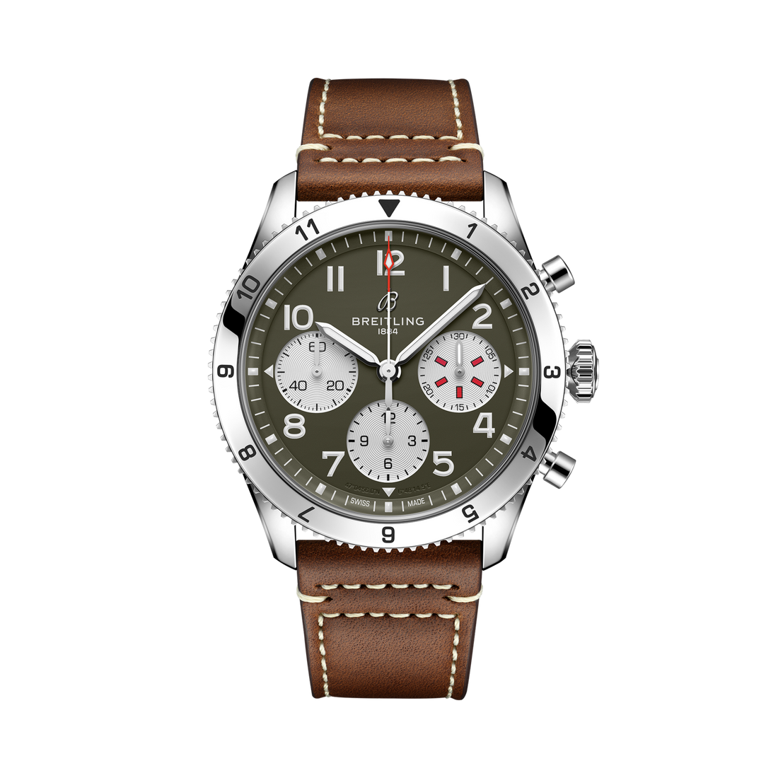 Breitling Classic AVI Chronograph 42 Curtiss Warhawk reference A233802A1L1X1 with Green dial, Stainless steel case, calfskin strap, front view