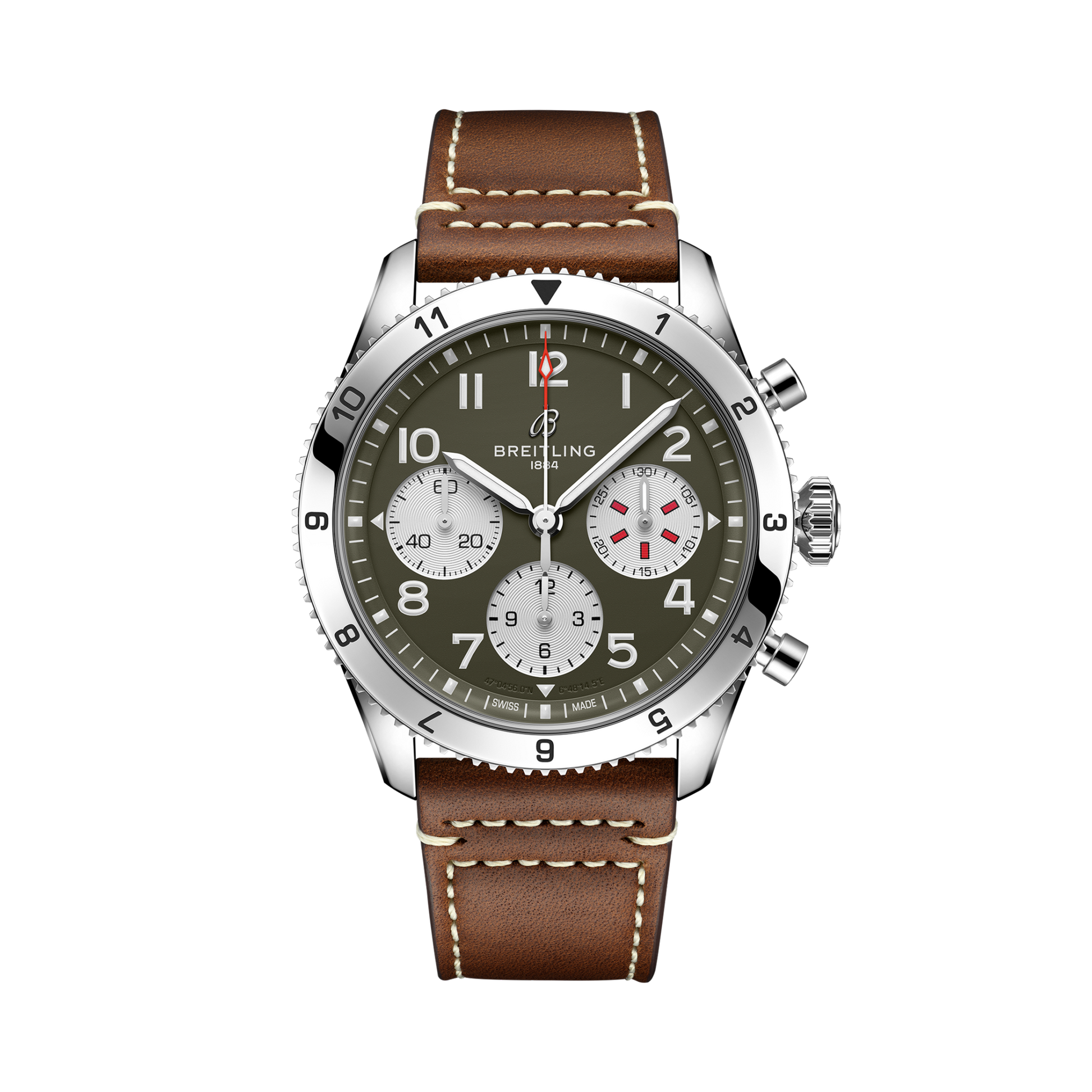 Breitling Classic AVI Chronograph 42 Curtiss Warhawk reference A233802A1L1X1 with Green dial, Stainless steel case, calfskin strap, front view