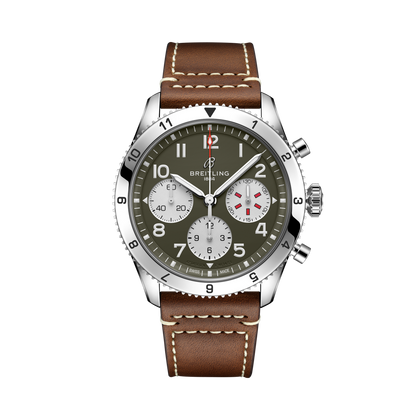 Breitling Classic AVI Chronograph 42 Curtiss Warhawk reference A233802A1L1X1 with Green dial, Stainless steel case, calfskin strap, front view