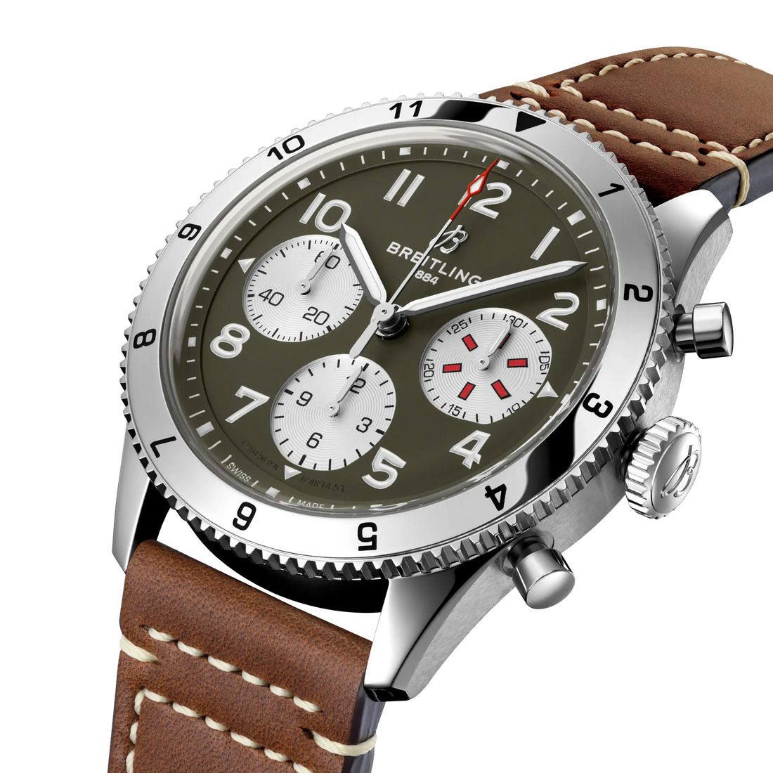 Breitling Classic AVI Chronograph 42 Curtiss Warhawk reference A233802A1L1X1 with Green dial, Stainless steel case, calfskin strap, three-quarter view