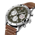 Breitling Classic AVI Chronograph 42 Curtiss Warhawk reference A233802A1L1X1 with Green dial, Stainless steel case, calfskin strap, three-quarter view