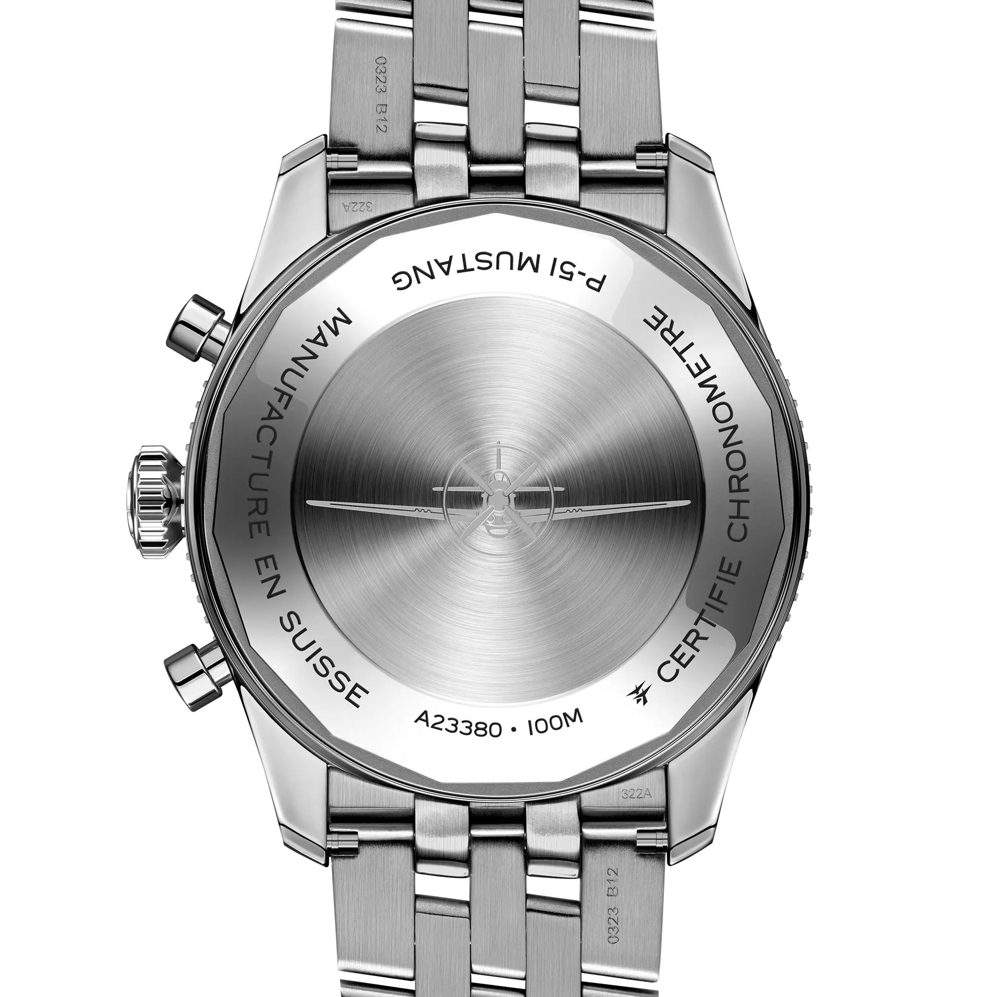 Caseback view of Breitling Classic AVI Chronograph 42 P-51 Mustang reference A233803A1B1A1