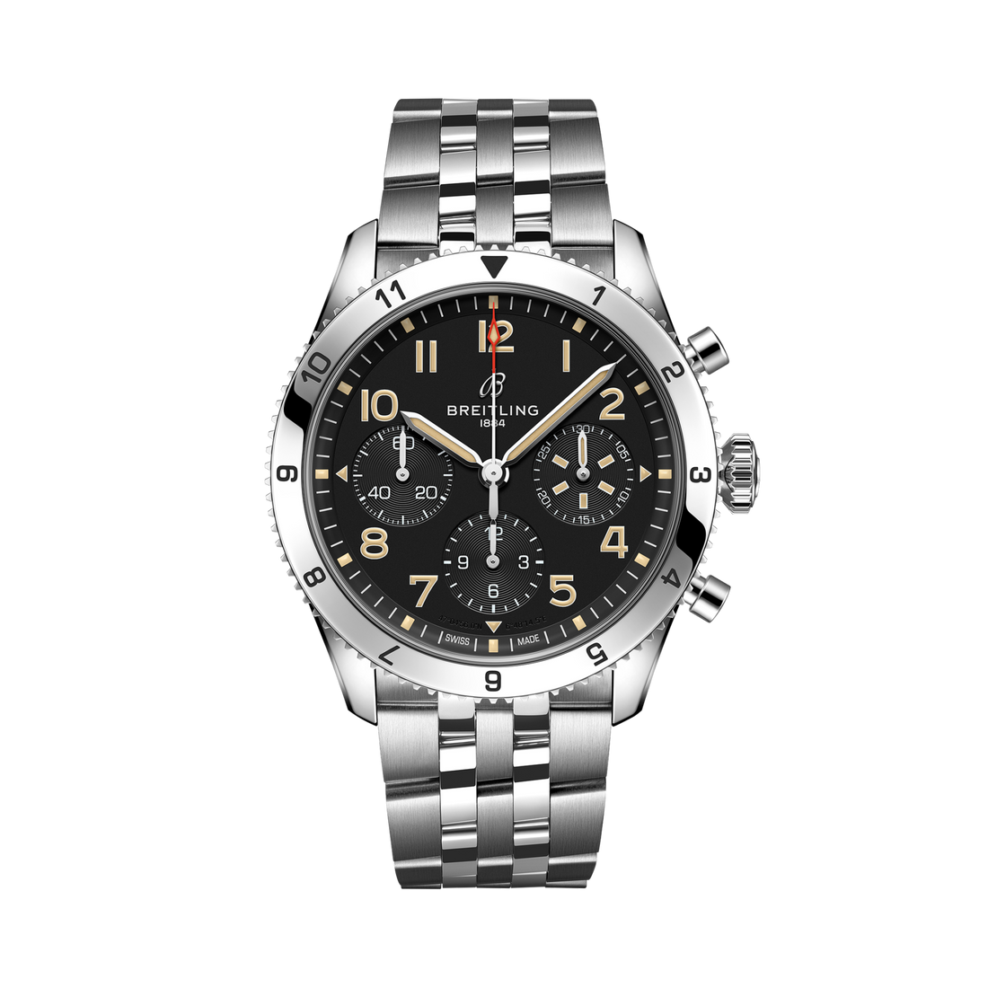 Breitling Classic AVI Chronograph 42 P-51 Mustang reference A233803A1B1A1 with Black dial, Stainless steel case, bracelet, front view
