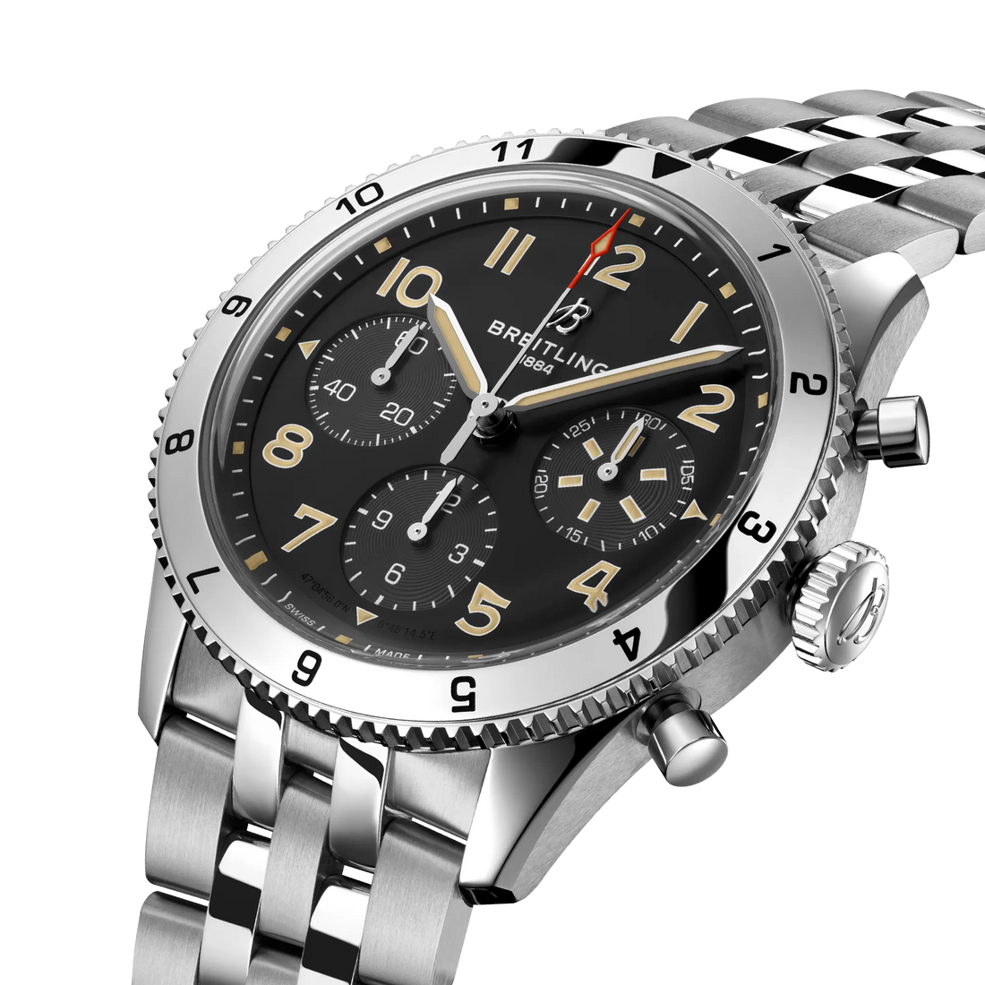 Breitling Classic AVI Chronograph 42 P-51 Mustang reference A233803A1B1A1 with Black dial, Stainless steel case, bracelet, three-quarter view