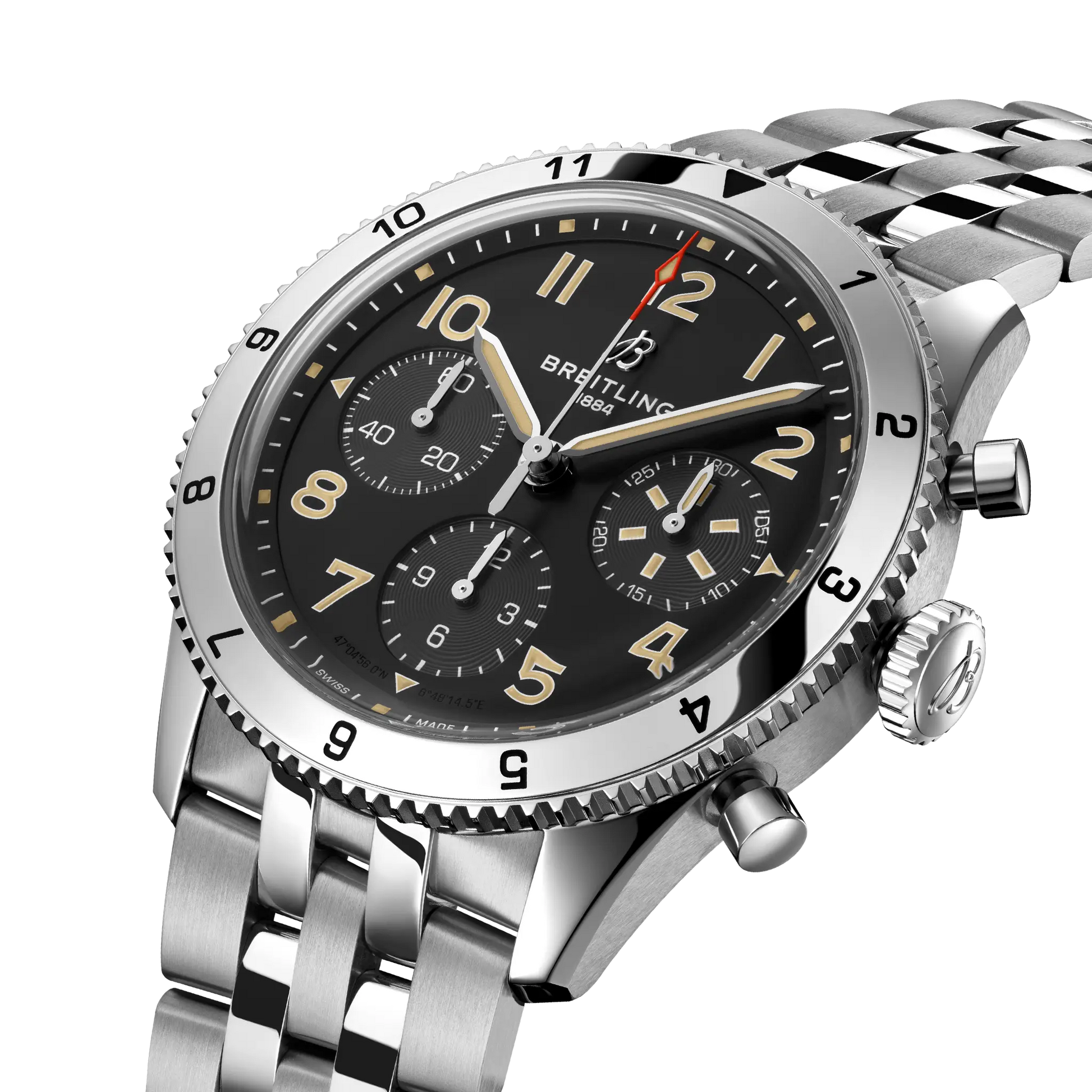 Breitling Classic AVI Chronograph 42 P-51 Mustang reference A233803A1B1A1 with Black dial, Stainless steel case, bracelet, three-quarter view