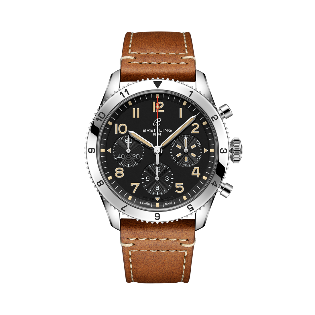 Breitling Classic AVI Chronograph 42 P-51 Mustang reference A233803A1B1X1 with Black dial, Stainless steel case, calfskin strap, front view