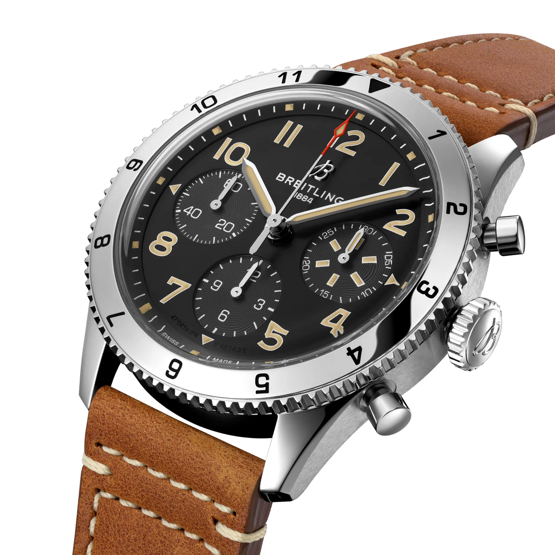 Breitling Classic AVI Chronograph 42 P-51 Mustang reference A233803A1B1X1 with Black dial, Stainless steel case, calfskin strap, three-quarter view