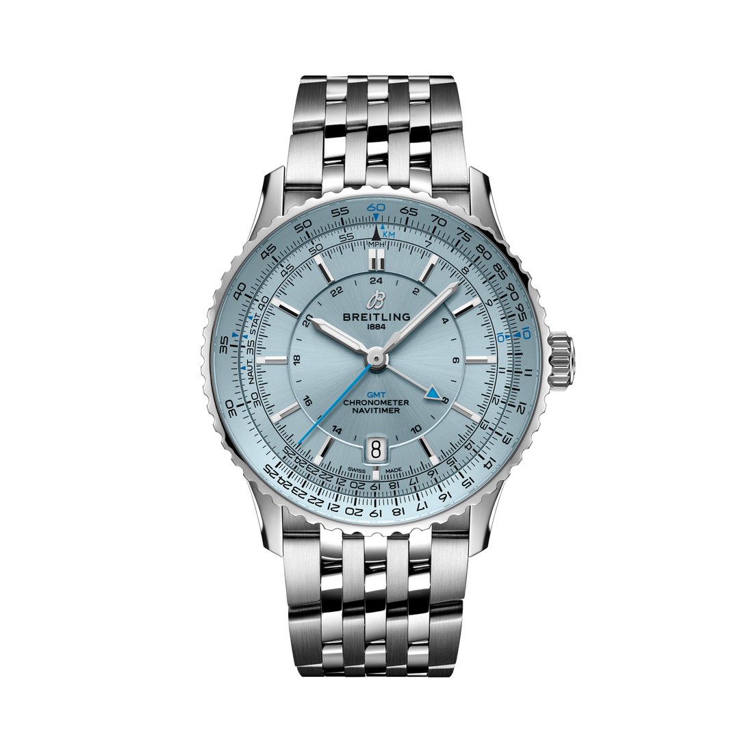 Breitling Navitimer Automatic GMT 41 reference A32310171C1A1 with Ice blue dial, Stainless steel case, bracelet, front view