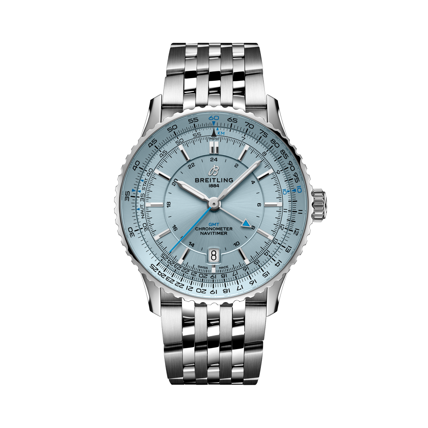 Breitling Navitimer Automatic GMT 41 reference A32310171C1A1 with Ice blue dial, Stainless steel case, bracelet, front view