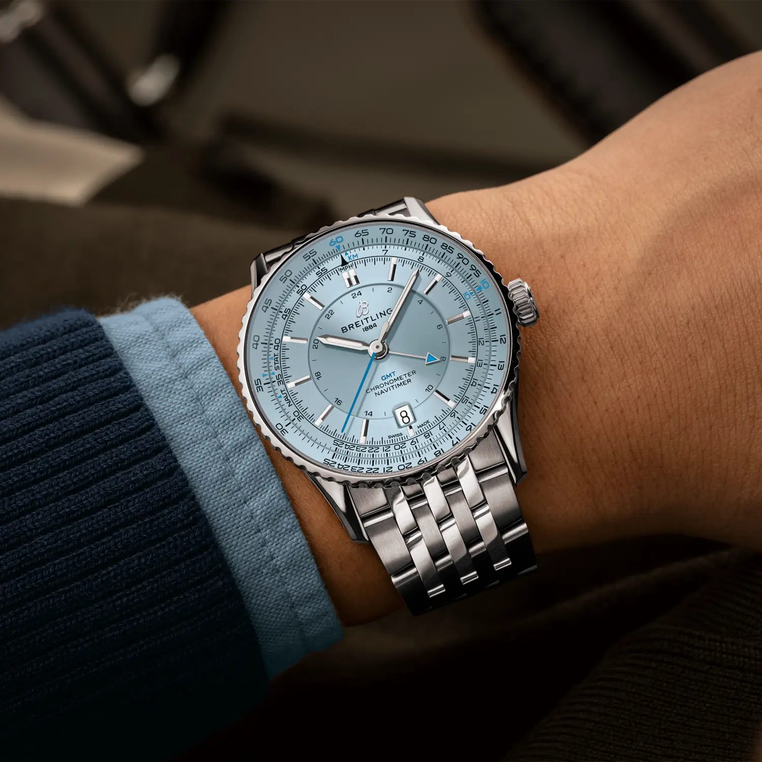 Breitling Navitimer Automatic GMT 41 reference A32310171C1A1 with Ice blue dial, Stainless steel case, bracelet, on-wrist view