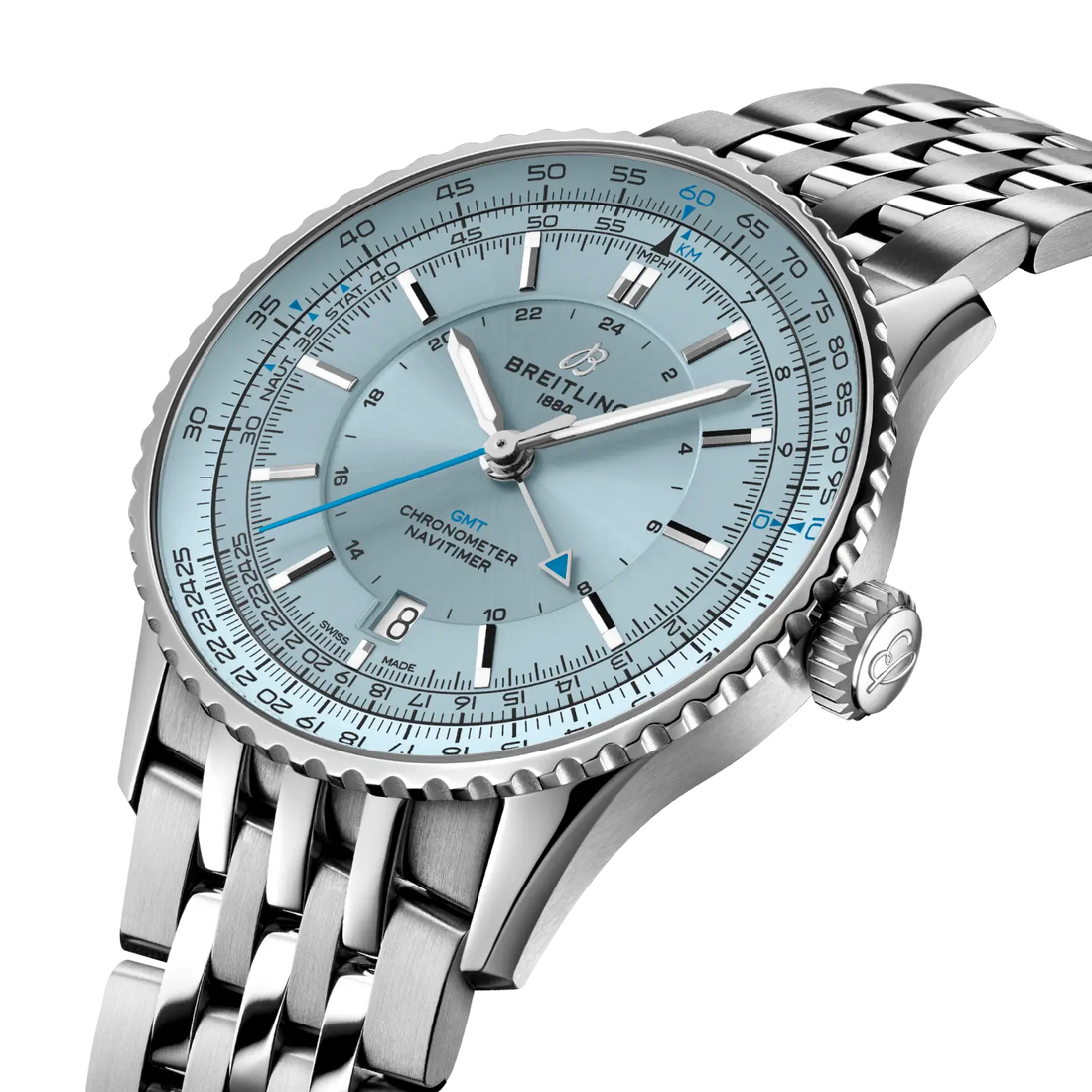 Breitling Navitimer Automatic GMT 41 reference A32310171C1A1 with Ice blue dial, Stainless steel case, bracelet, three-quarter view