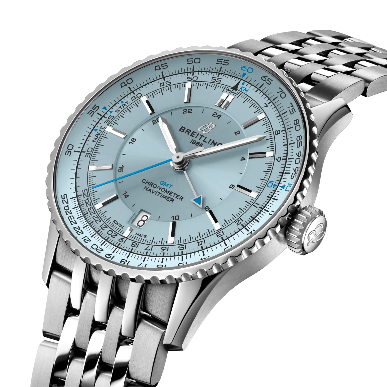 Breitling Navitimer Automatic GMT 41 reference A32310171C1A1 with Ice blue dial, Stainless steel case, bracelet, three-quarter view