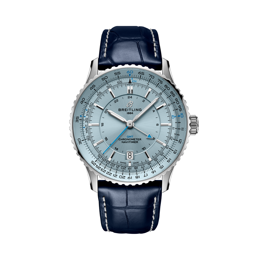 Breitling Navitimer Automatic GMT 41 reference A32310171C1P1 with Ice blue dial, Stainless steel case, blue alligator strap, front view
