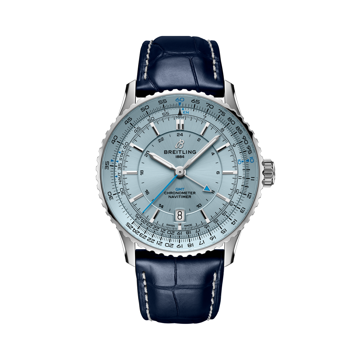 Breitling Navitimer Automatic GMT 41 reference A32310171C1P1 with Ice blue dial, Stainless steel case, blue alligator strap, front view