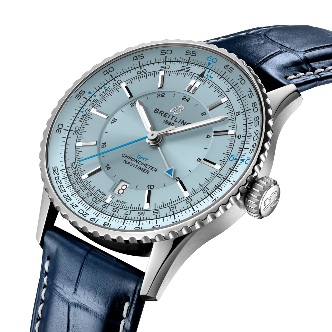 Breitling Navitimer Automatic GMT 41 reference A32310171C1P1 with Ice blue dial, Stainless steel case, blue alligator strap, three-quarter view