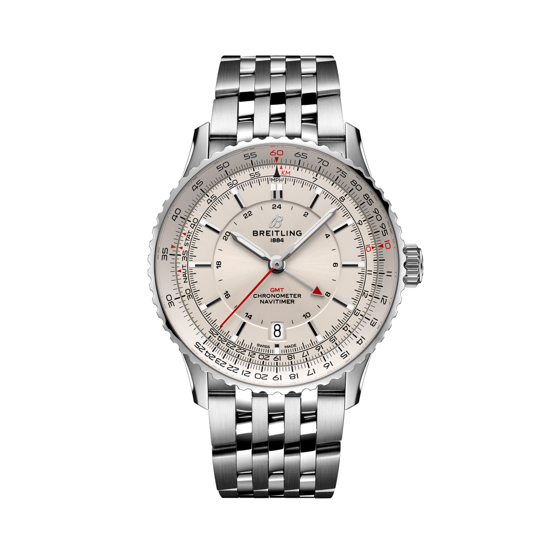 Breitling Navitimer Automatic GMT 41 reference A32310211G1A1 with Cream dial, Stainless steel case, bracelet, front view