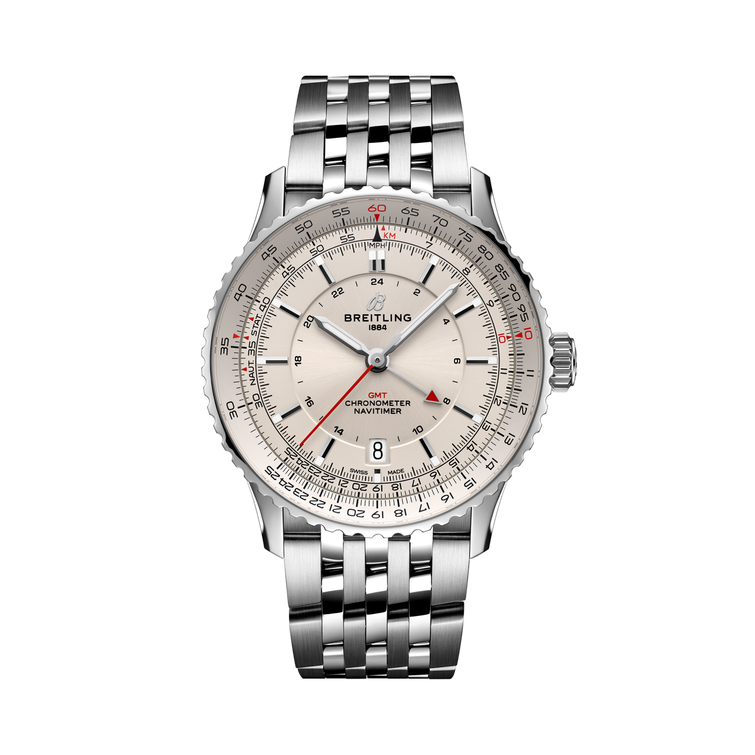 Breitling Navitimer Automatic GMT 41 reference A32310211G1A1 with Cream dial, Stainless steel case, bracelet, front view