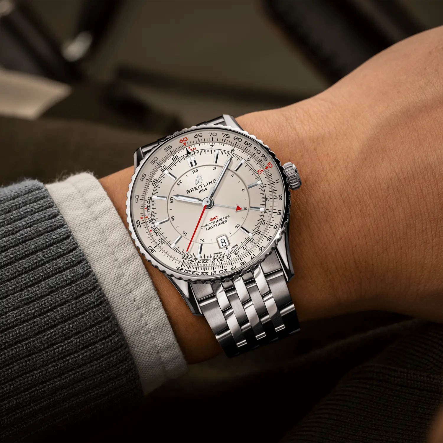 Breitling Navitimer Automatic GMT 41 reference A32310211G1A1 with Cream dial, Stainless steel case, bracelet, on-wrist view