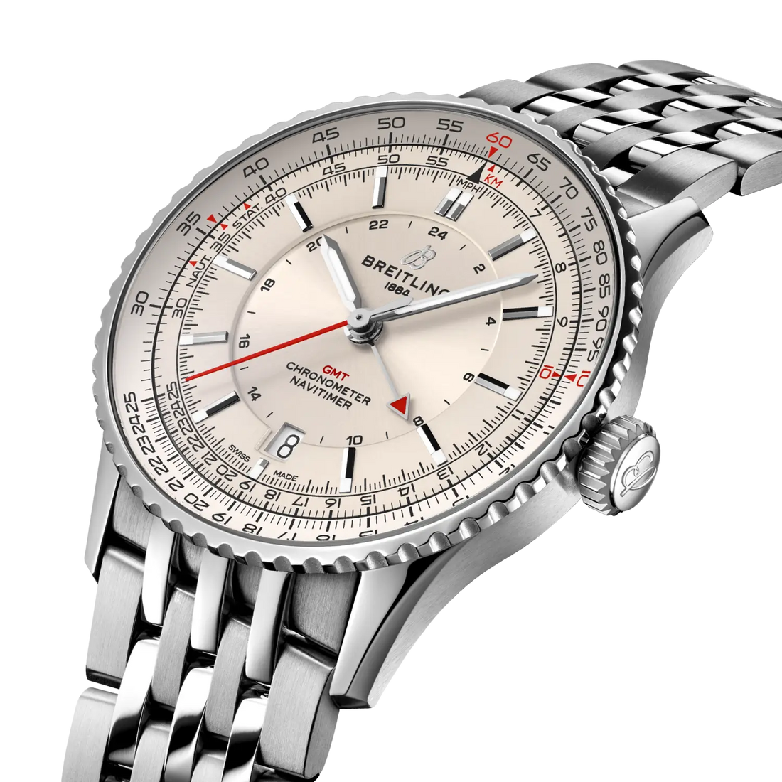 Breitling Navitimer Automatic GMT 41 reference A32310211G1A1 with Cream dial, Stainless steel case, bracelet, three-quarter view