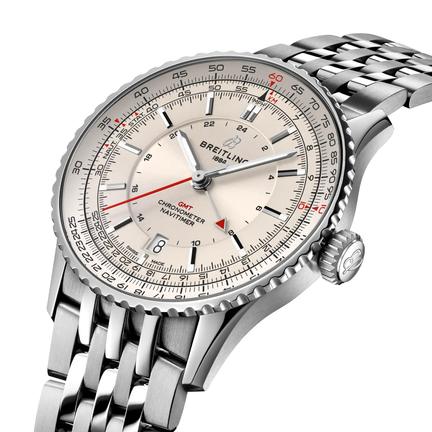 Breitling Navitimer Automatic GMT 41 reference A32310211G1A1 with Cream dial, Stainless steel case, bracelet, three-quarter view