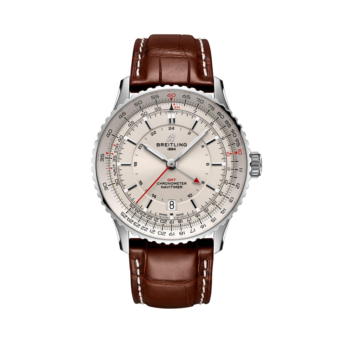 Breitling Navitimer Automatic GMT 41 reference A32310211G1P1 with Cream dial, Stainless steel case, alligator strap, front view