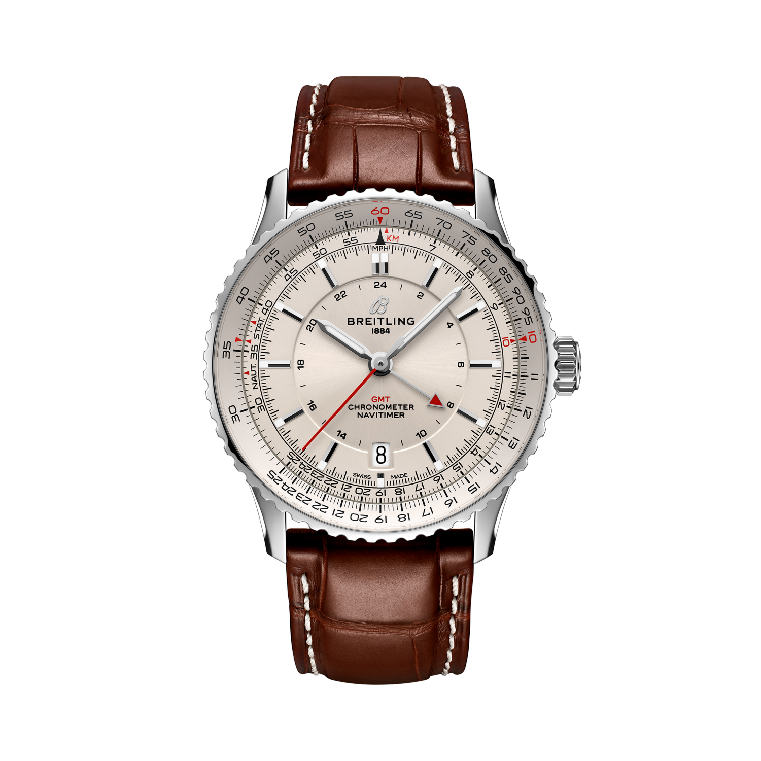 Breitling Navitimer Automatic GMT 41 reference A32310211G1P1 with Cream dial, Stainless steel case, alligator strap, front view