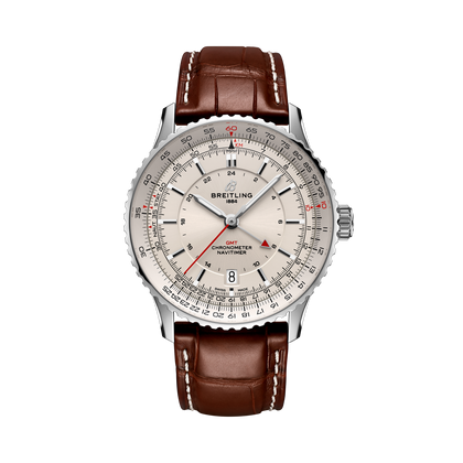 Breitling Navitimer Automatic GMT 41 reference A32310211G1P1 with Cream dial, Stainless steel case, alligator strap, front view