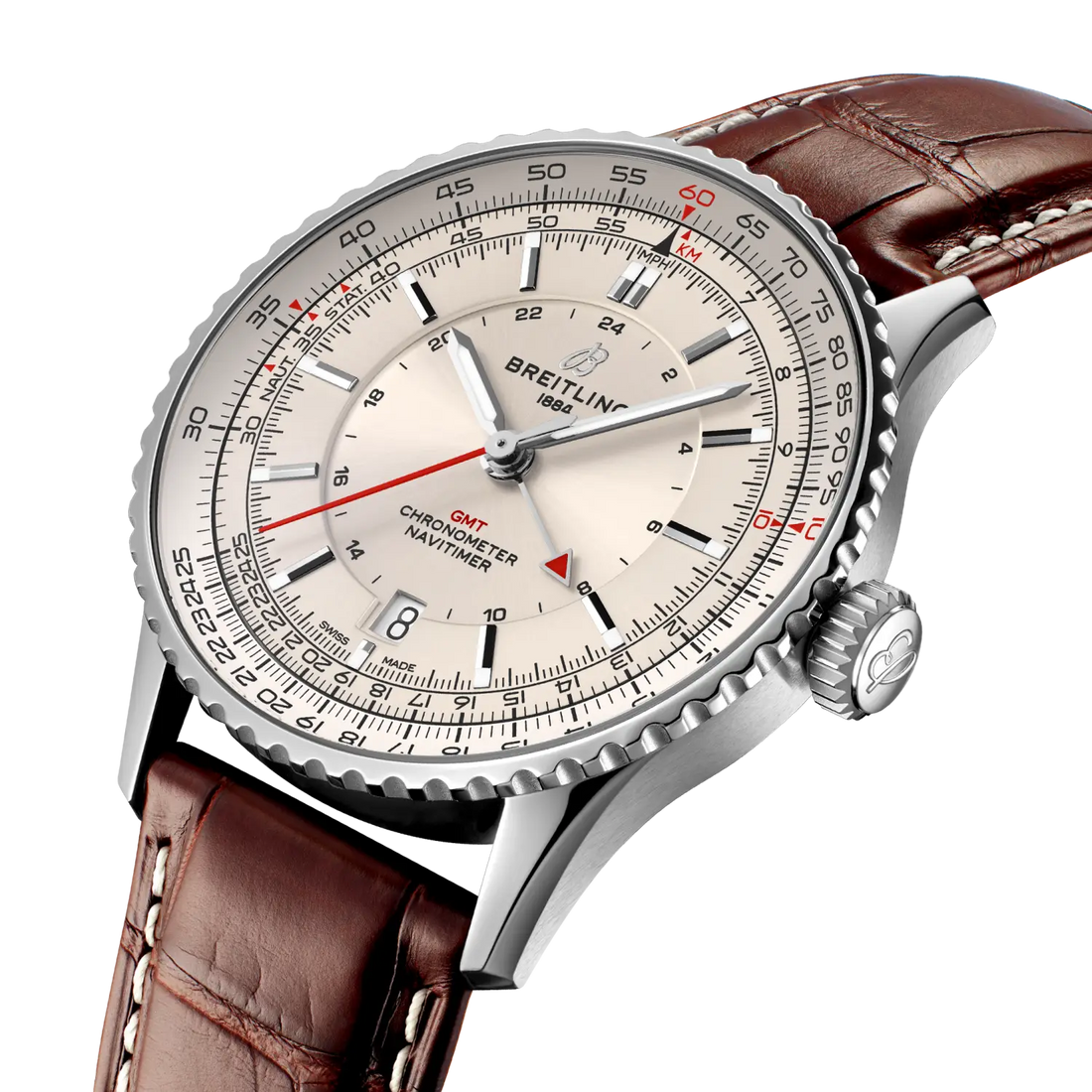 Breitling Navitimer Automatic GMT 41 reference A32310211G1P1 with Cream dial, Stainless steel case, alligator strap, three-quarter view