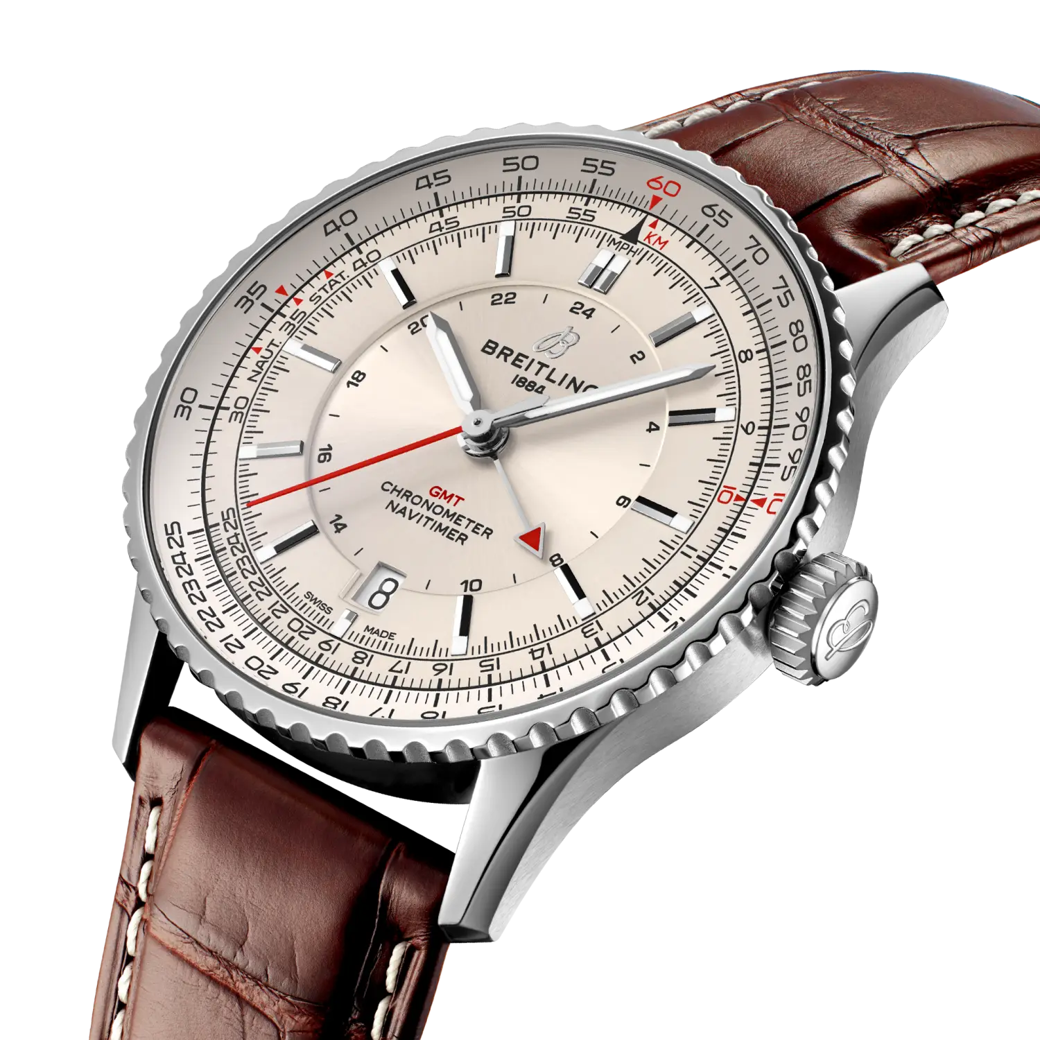 Breitling Navitimer Automatic GMT 41 reference A32310211G1P1 with Cream dial, Stainless steel case, alligator strap, three-quarter view