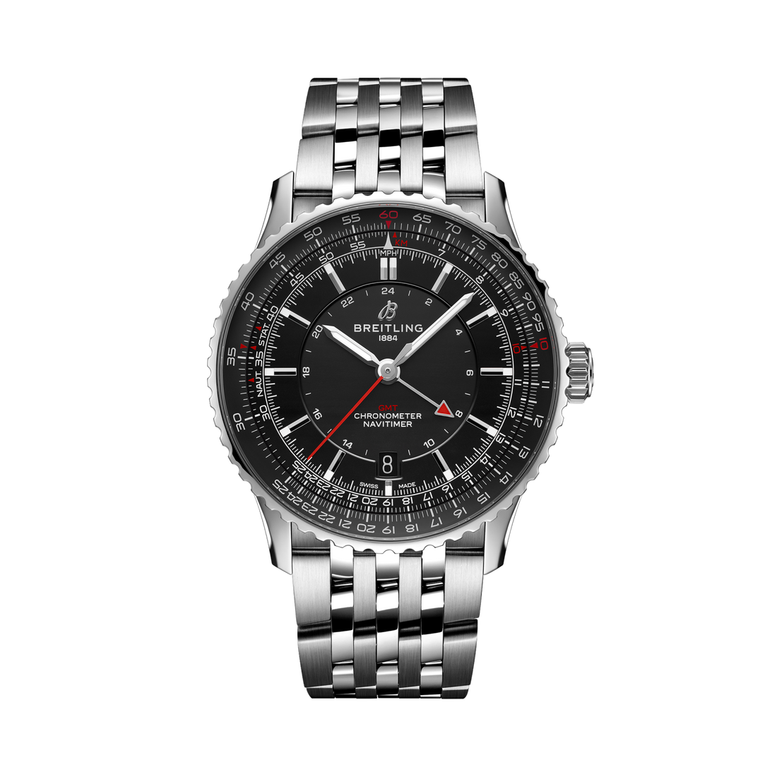 Breitling Navitimer Automatic GMT 41 reference A32310251B1A1 with Black dial, Stainless steel case, bracelet, front view