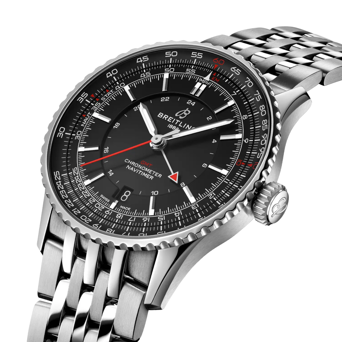 Breitling Navitimer Automatic GMT 41 reference A32310251B1A1 with Black dial, Stainless steel case, bracelet, three-quarter view