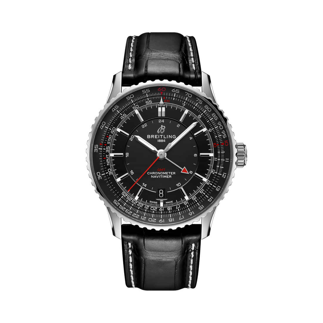 Breitling Navitimer Automatic GMT 41 reference A32310251B1P1 with Black dial, Stainless steel case, black alligator strap, front view