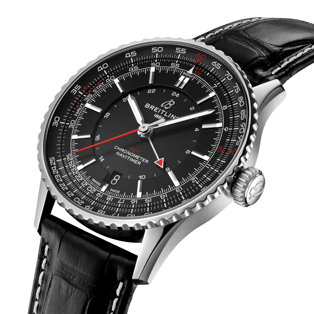 Breitling Navitimer Automatic GMT 41 reference A32310251B1P1 with Black dial, Stainless steel case, black alligator strap, three-quarter view
