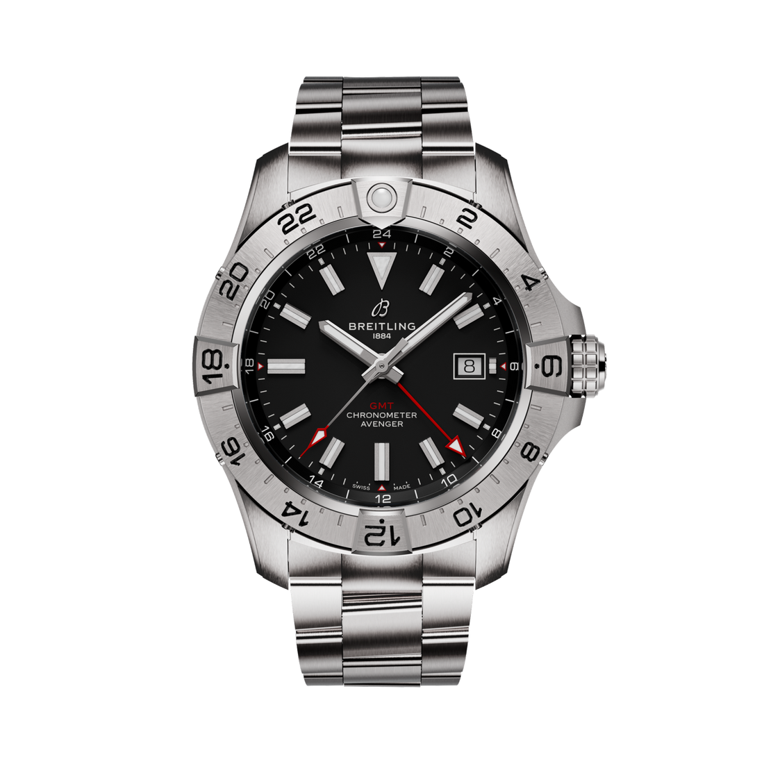 Breitling Avenger Automatic GMT 44 reference A32320101B1A1 with Black dial, Stainless steel case, bracelet, front view