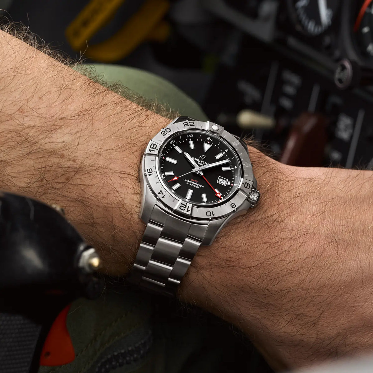 Breitling Avenger Automatic GMT 44 reference A32320101B1A1 with Black dial, Stainless steel case, bracelet, on-wrist view
