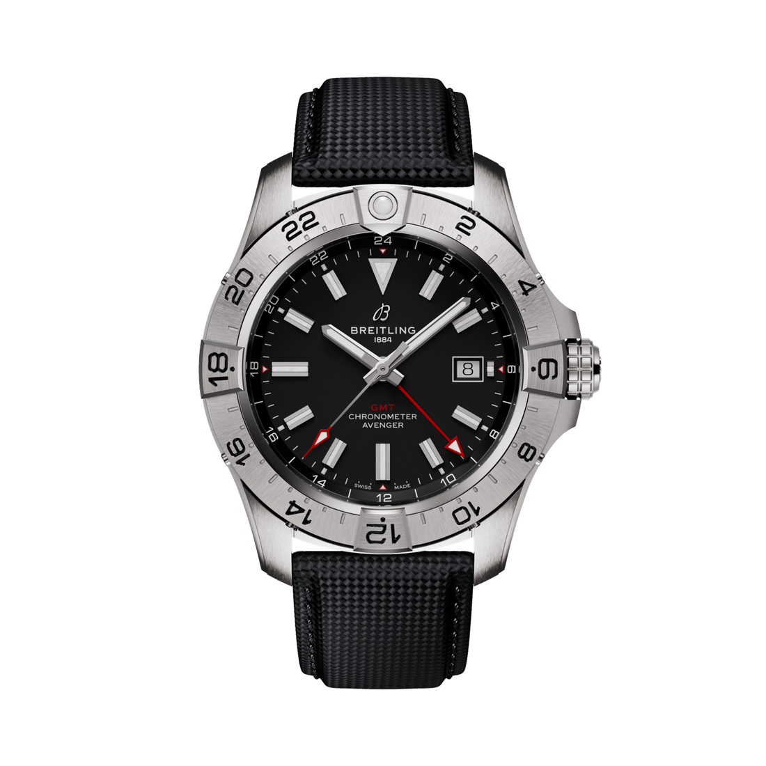 Breitling Avenger Automatic GMT 44 reference A32320101B1X1 with Black dial, Stainless steel case, anthracite calfskin strap, front view