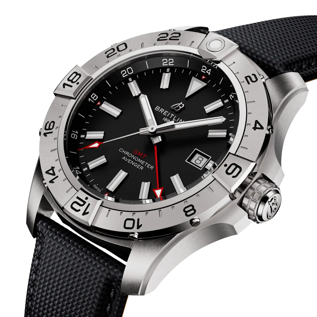 Breitling Avenger Automatic GMT 44 reference A32320101B1X1 with Black dial, Stainless steel case, anthracite calfskin strap, front view
