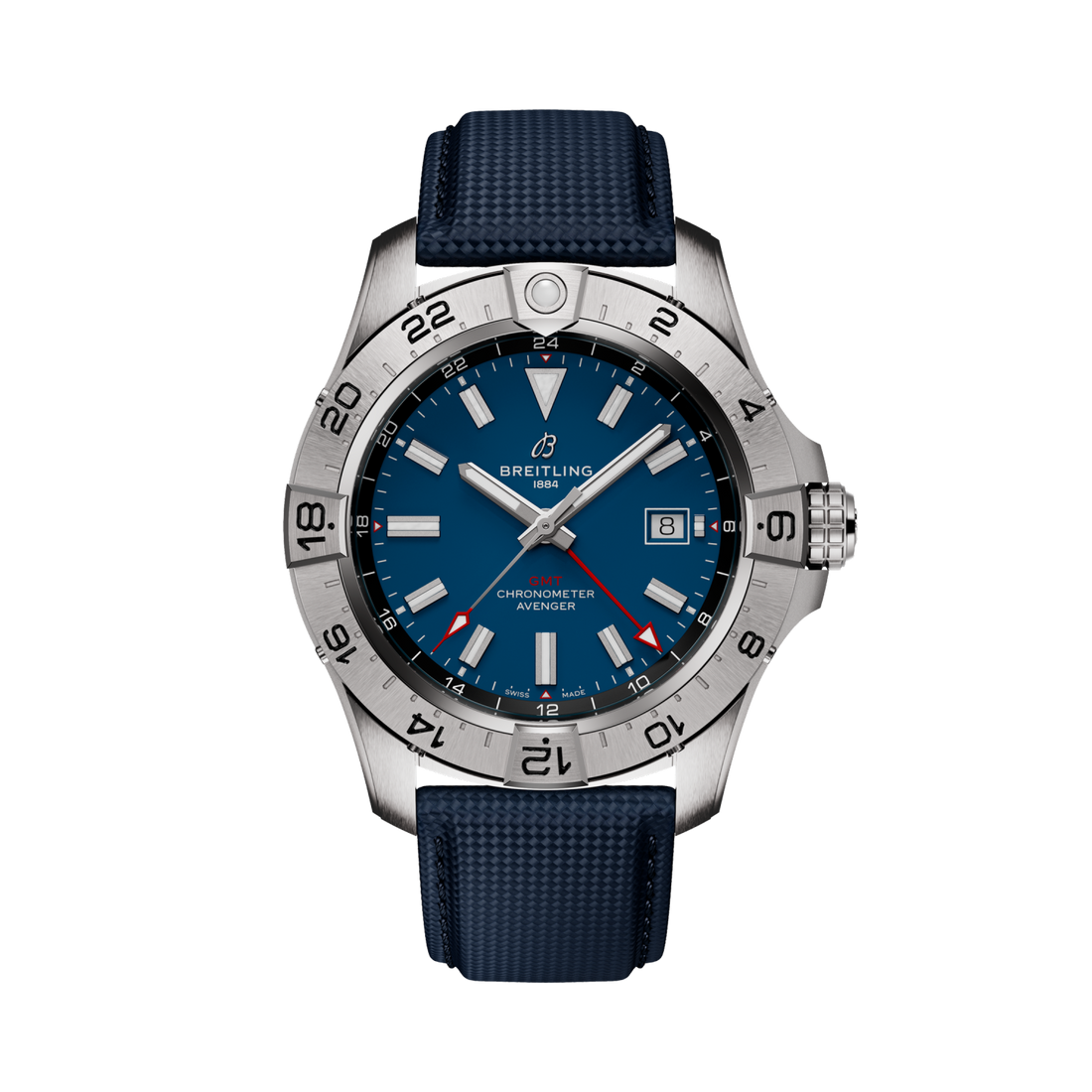 Breitling Avenger Automatic GMT 44 reference A32320101C1X1 with Blue dial, Stainless steel case, blue calfskin strap, front view