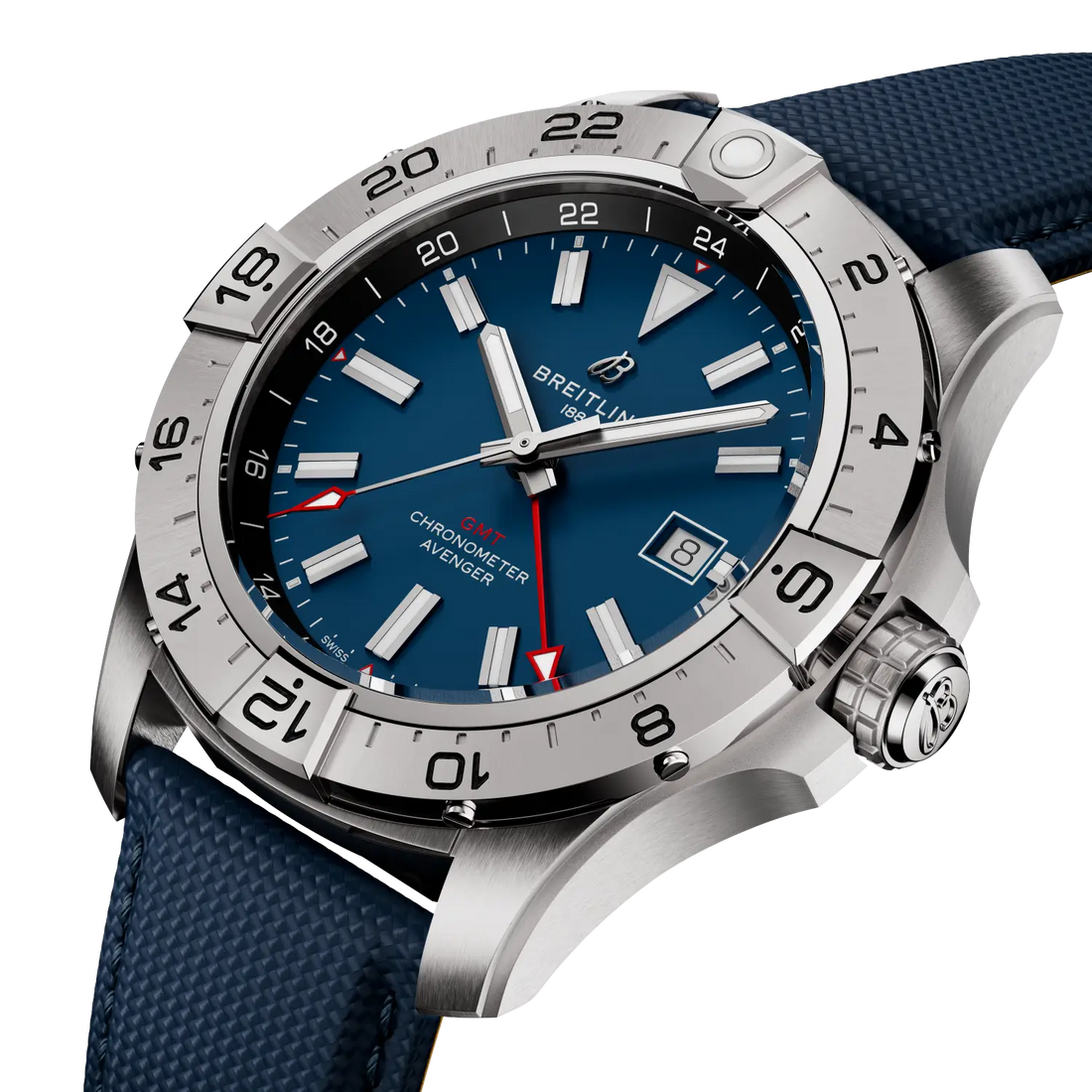 Breitling Avenger Automatic GMT 44 reference A32320101C1X1 with Blue dial, Stainless steel case, blue calfskin strap, front view