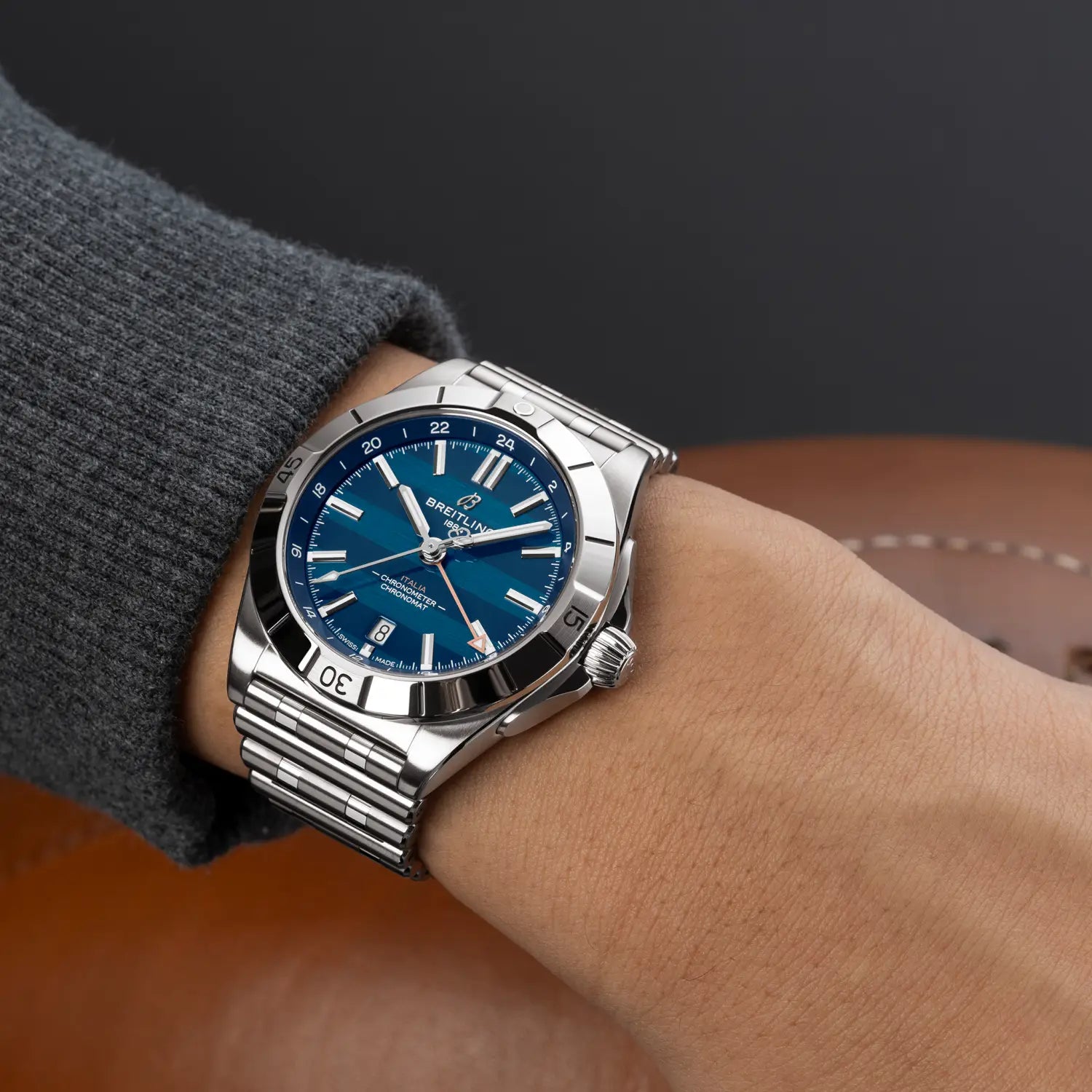 Breitling Chronomat Automatic GMT 40 Six Nations Italy reference A323981C1C1A1 with Blue dial, Stainless steel case, bracelet, on-wrist view